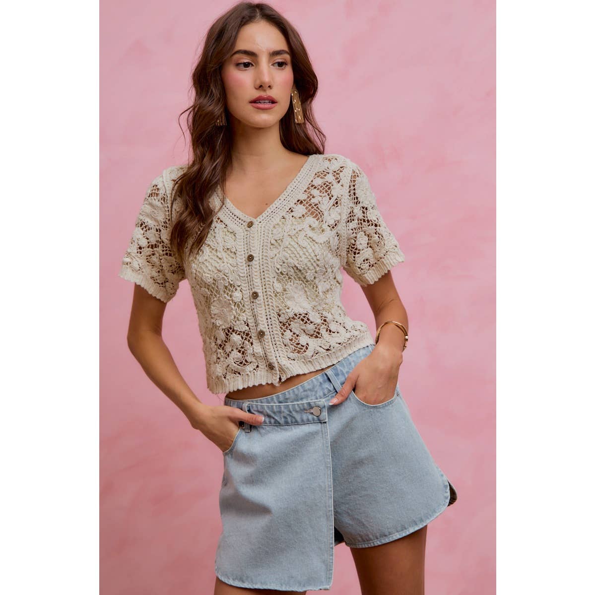 Devote Floral crochet lace button down top/cardigan