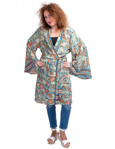 Handcrafted silk blend bell sleeve midi Kimono