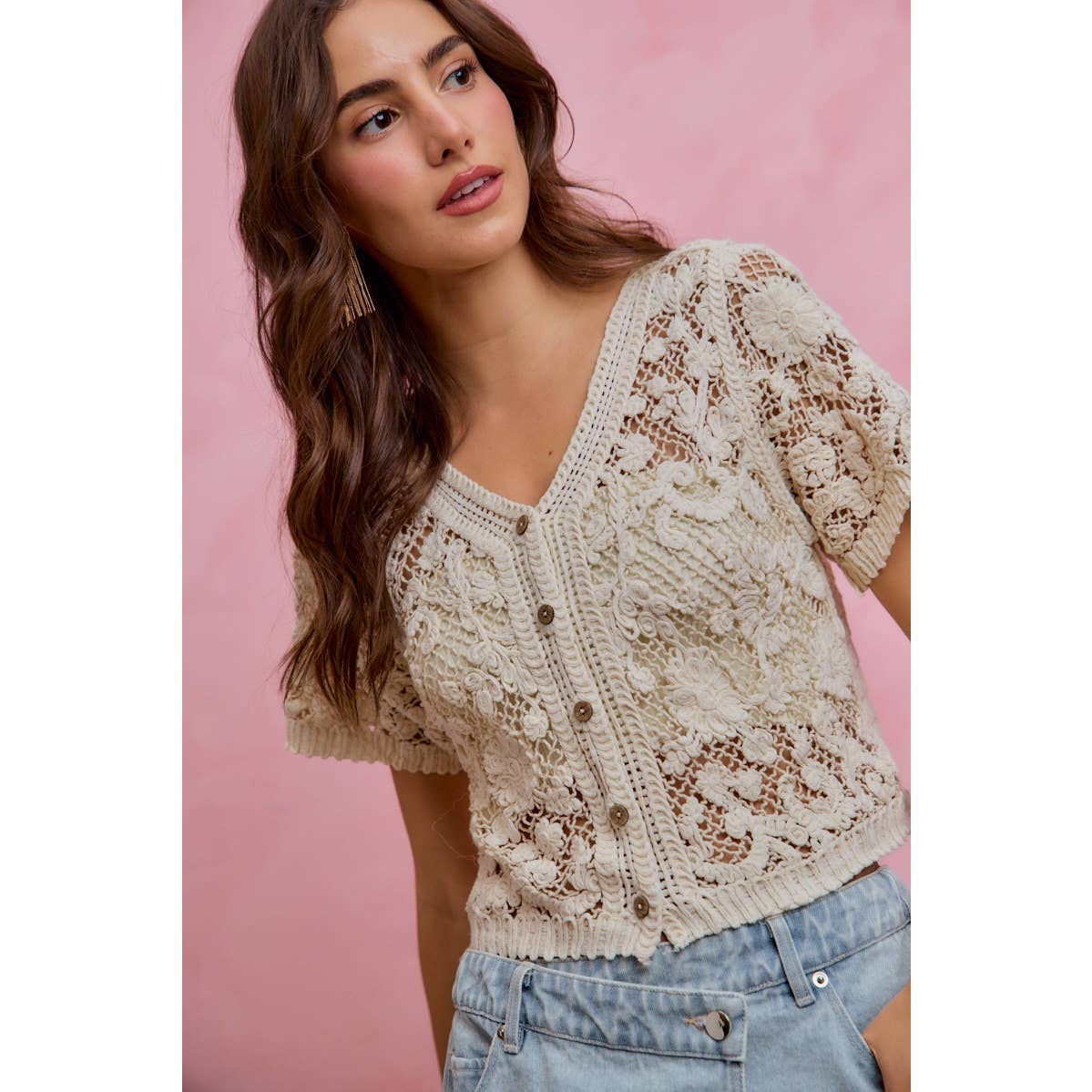 Devote Floral crochet lace button down top/cardigan
