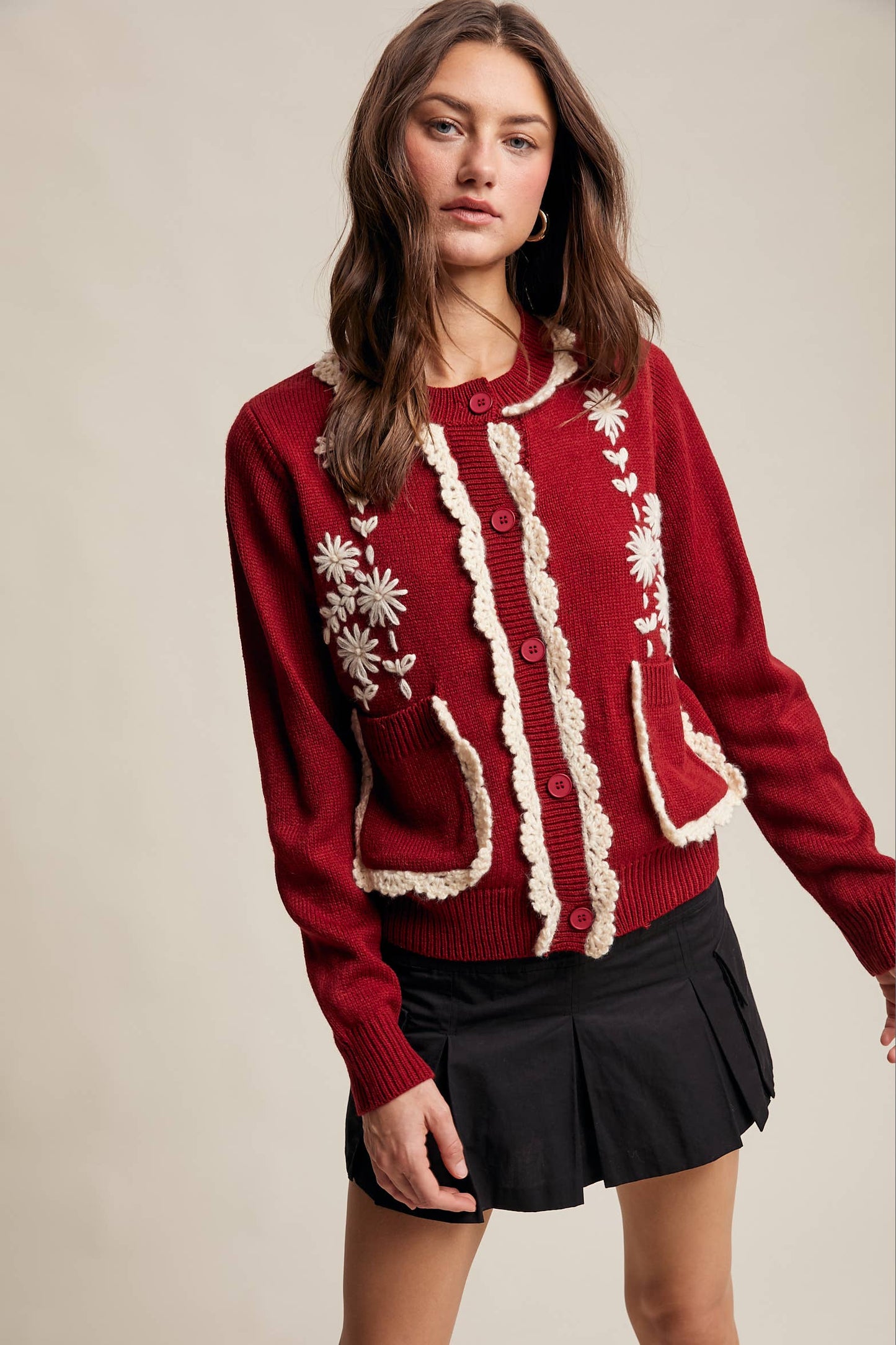 Daisy Embroidered Trim Cardigan Sweater