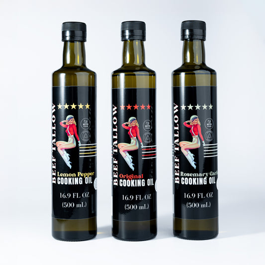 ONLINE EXCLUSIVE Lady May Tallow Cooking Oil Trio Bundle | Grass-Fed Beef Tallow & Olive Oil | Original, Rosemary Garlic & Lemon Pepper | Clean High-Heat Cooking from Our Restaurant Kitchen