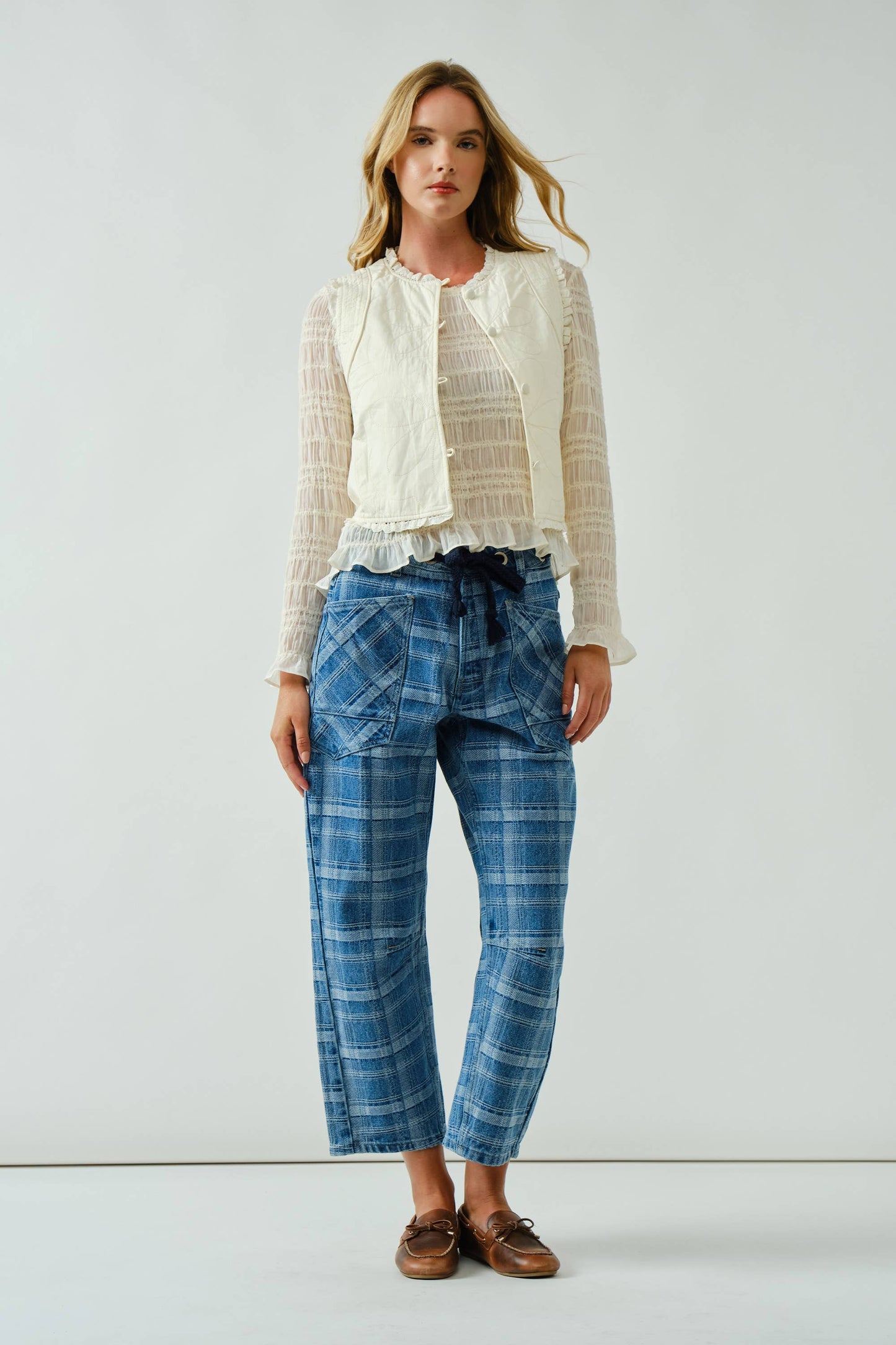 Ivy plaid semi barrel jeans with drawstring