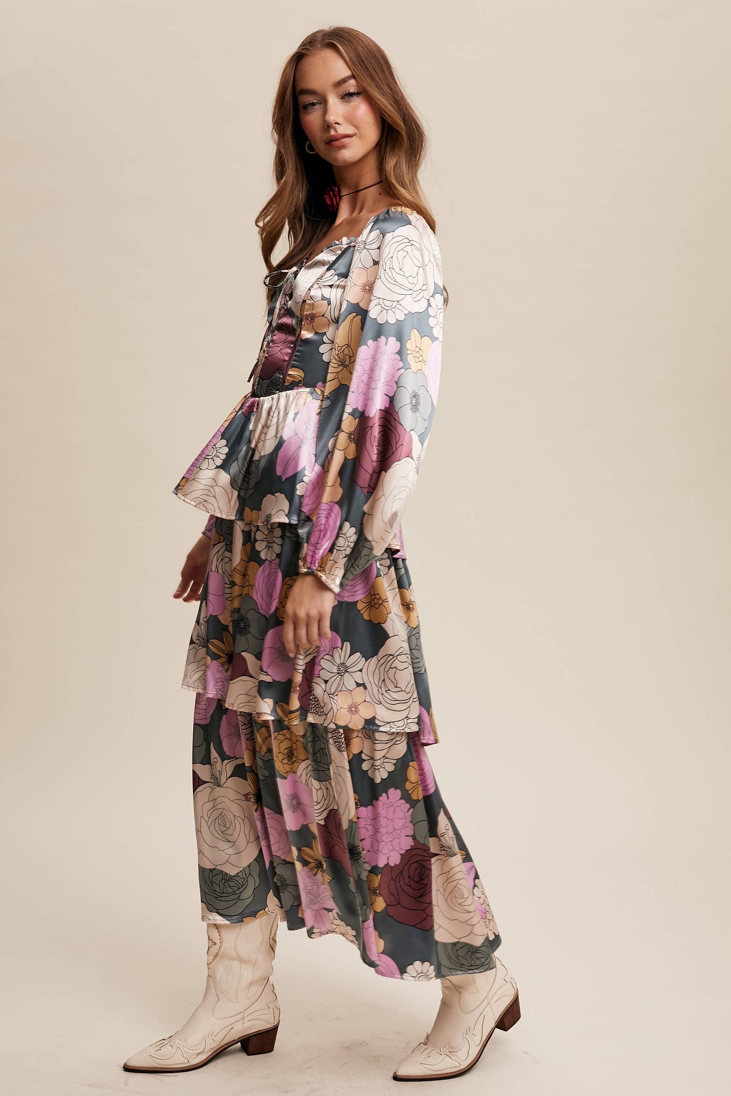 Jewel Floral Lace up tiered maxi Dress