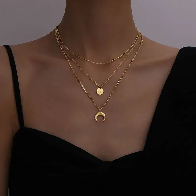 Moon Three Layer 18K Layer Necklace