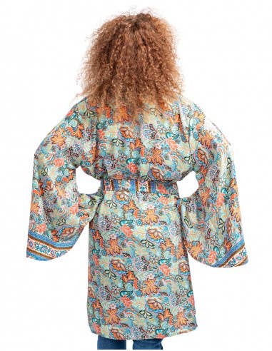 Handcrafted silk blend bell sleeve midi Kimono