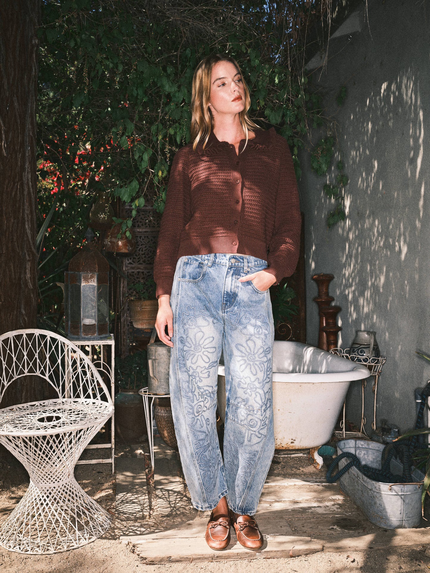 Lex embroidered cotton barrel pants
