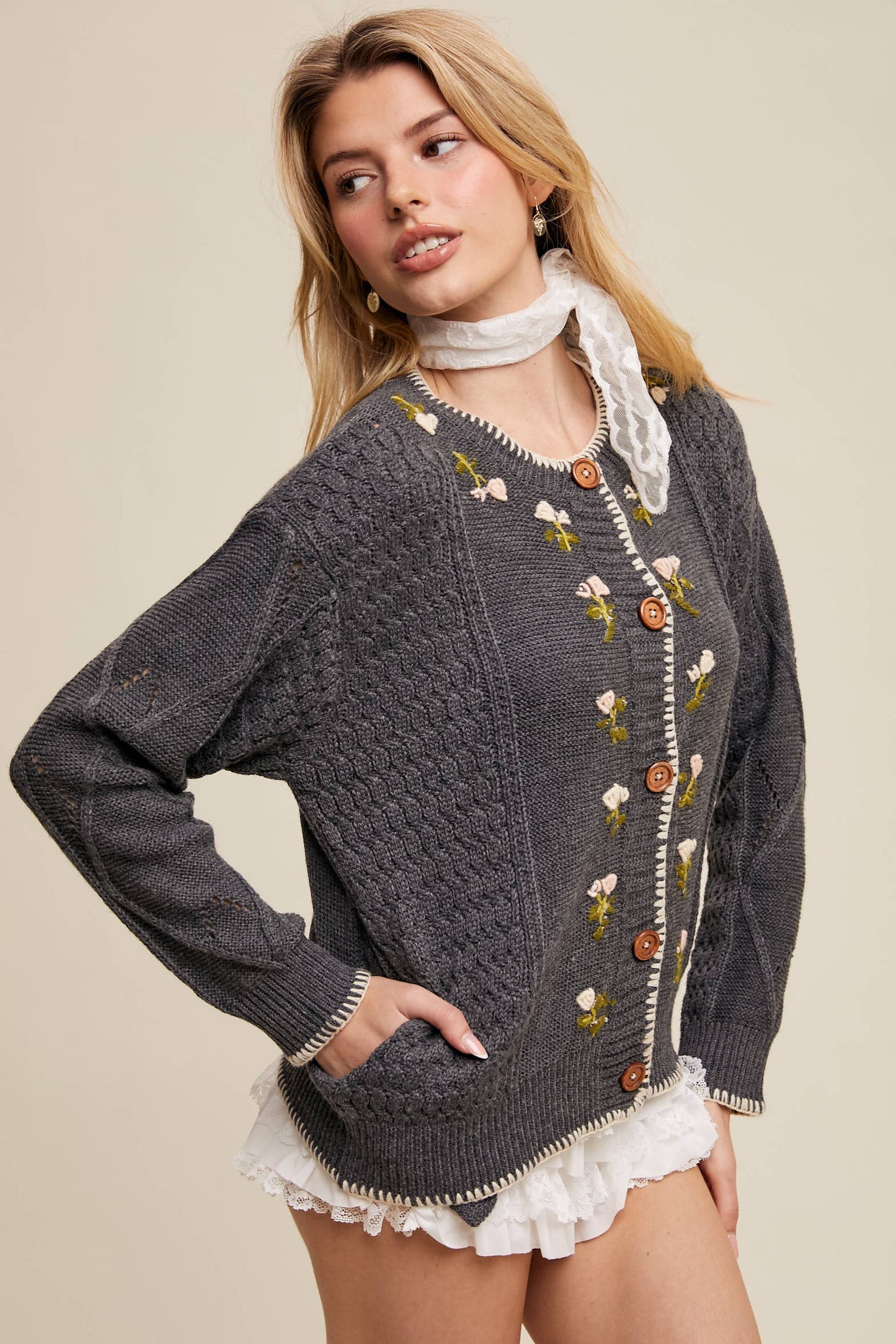 Nova Floral Embroidered Button-Up Cardigan/sweater top