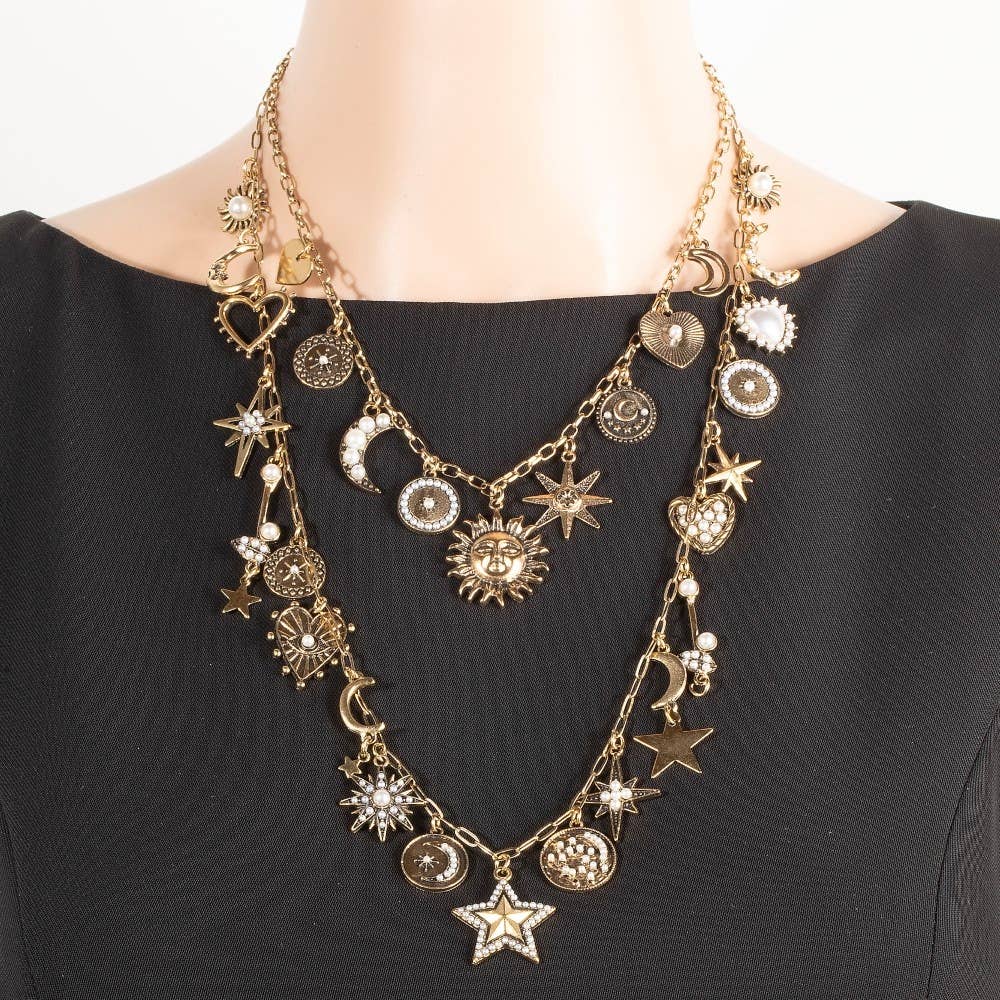 Studded Heart Moon Star And Coin Charms Statement Necklace
