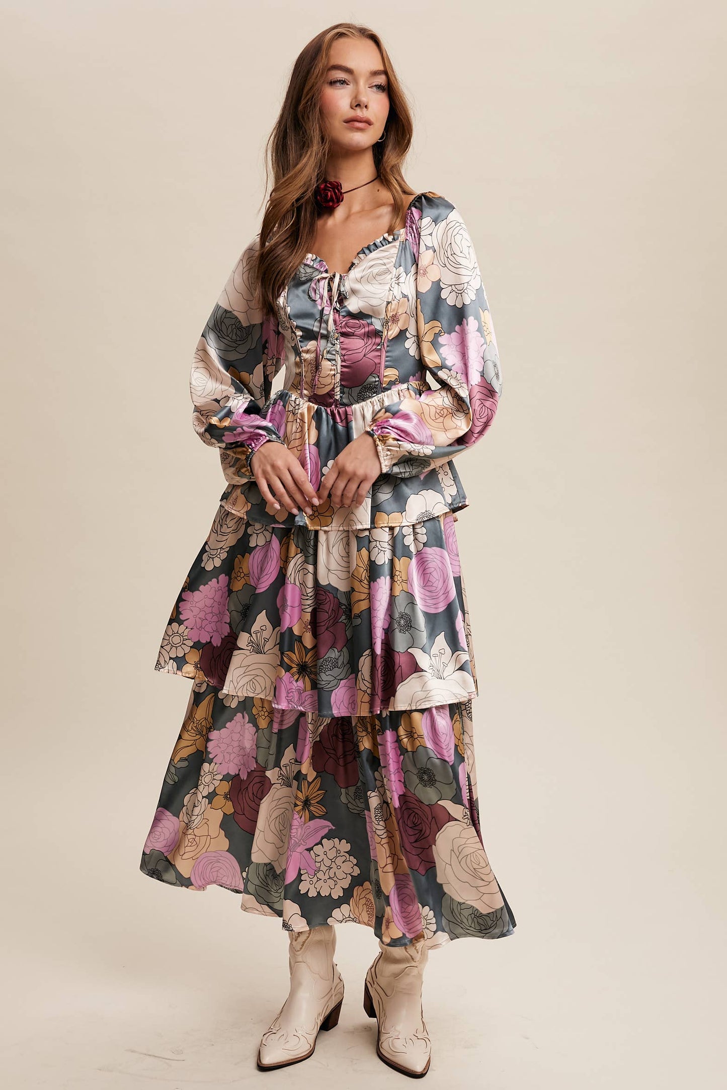 Jewel Floral Lace up tiered maxi Dress