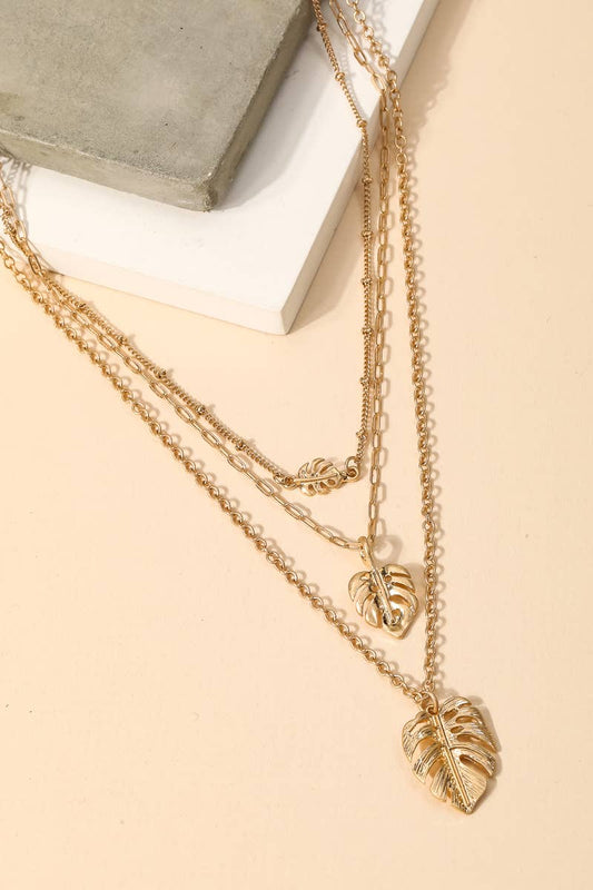 Layered Monstera Leaf Charm Necklace