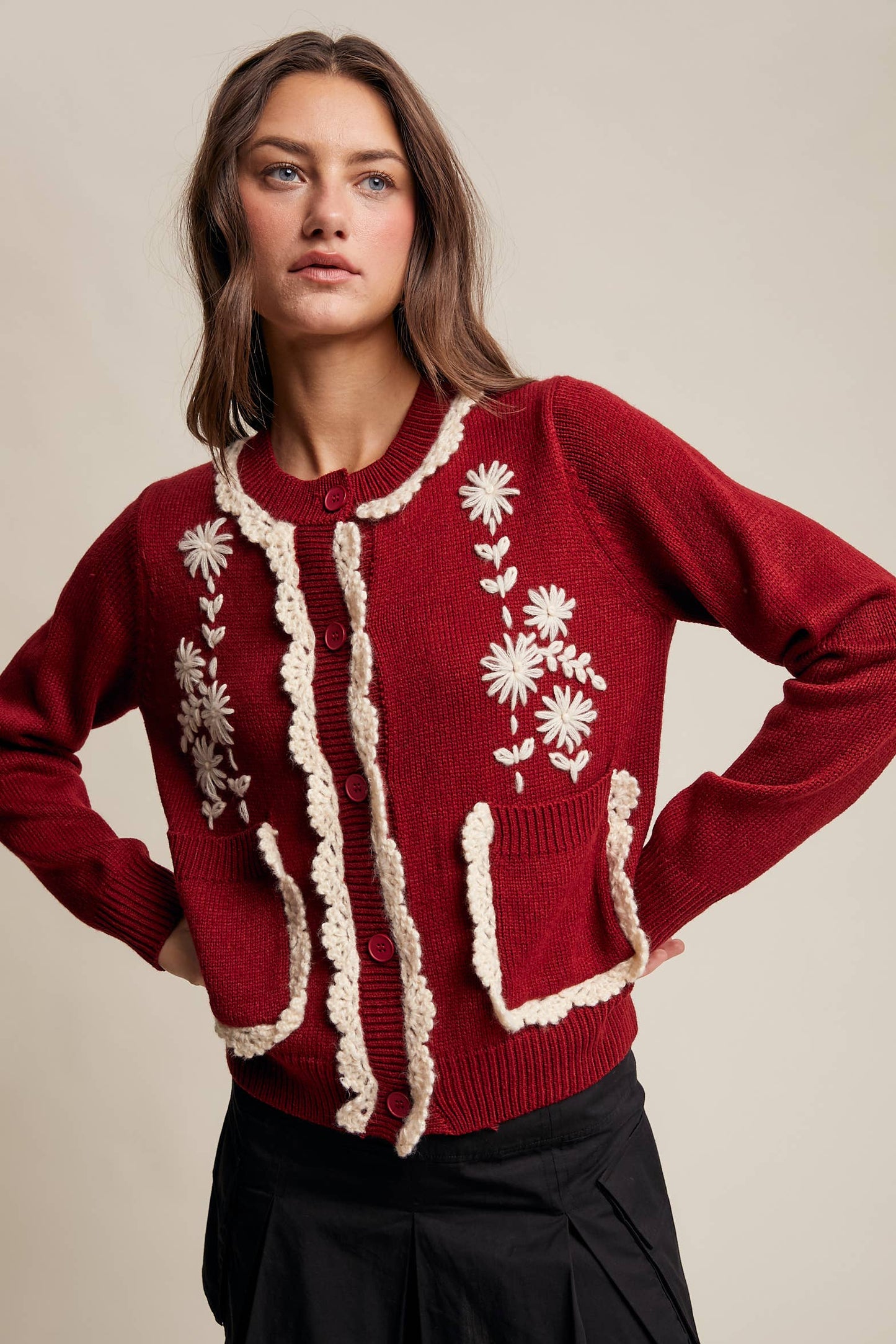 Daisy Embroidered Trim Cardigan Sweater