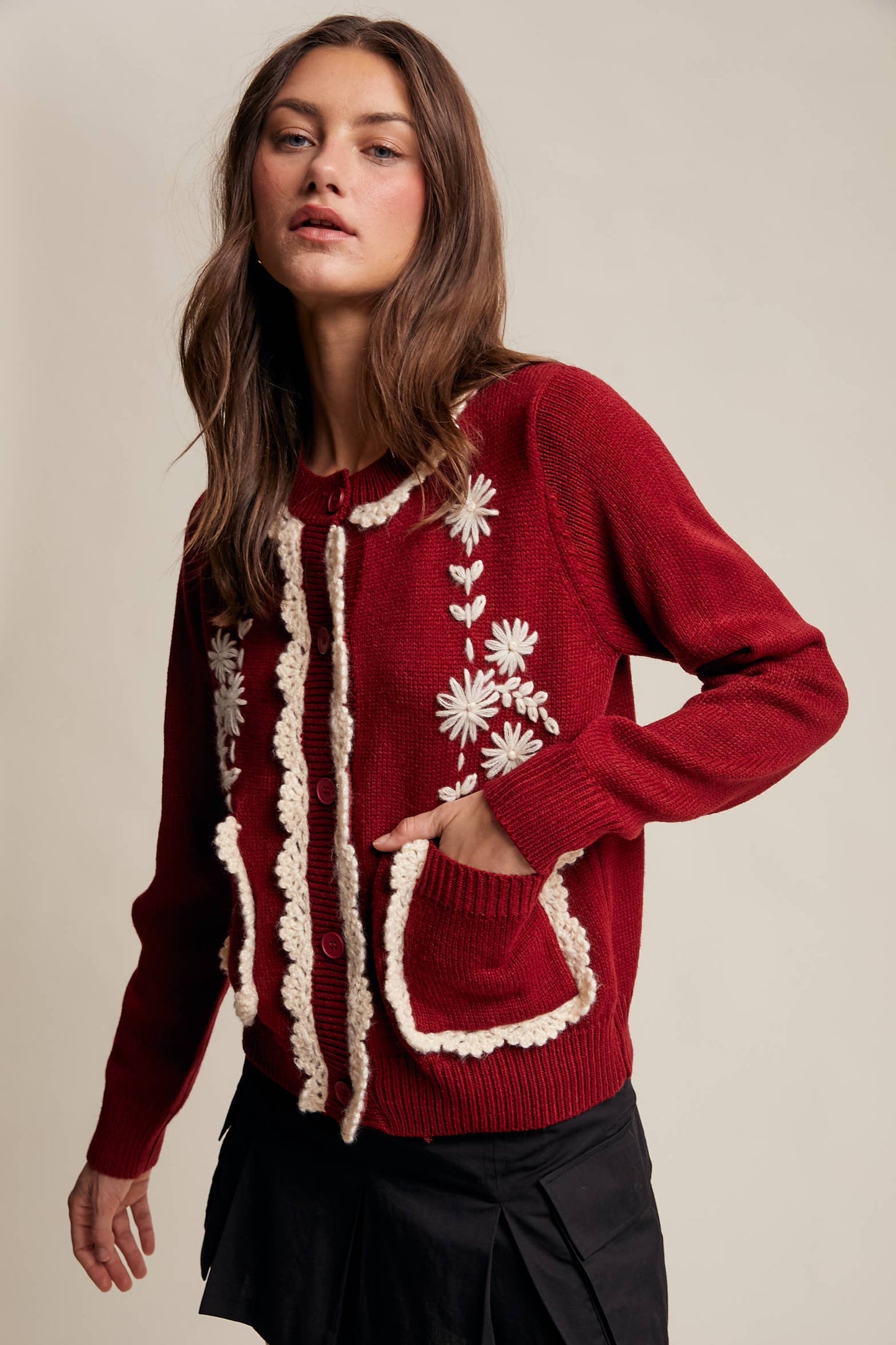 Daisy Embroidered Trim Cardigan Sweater