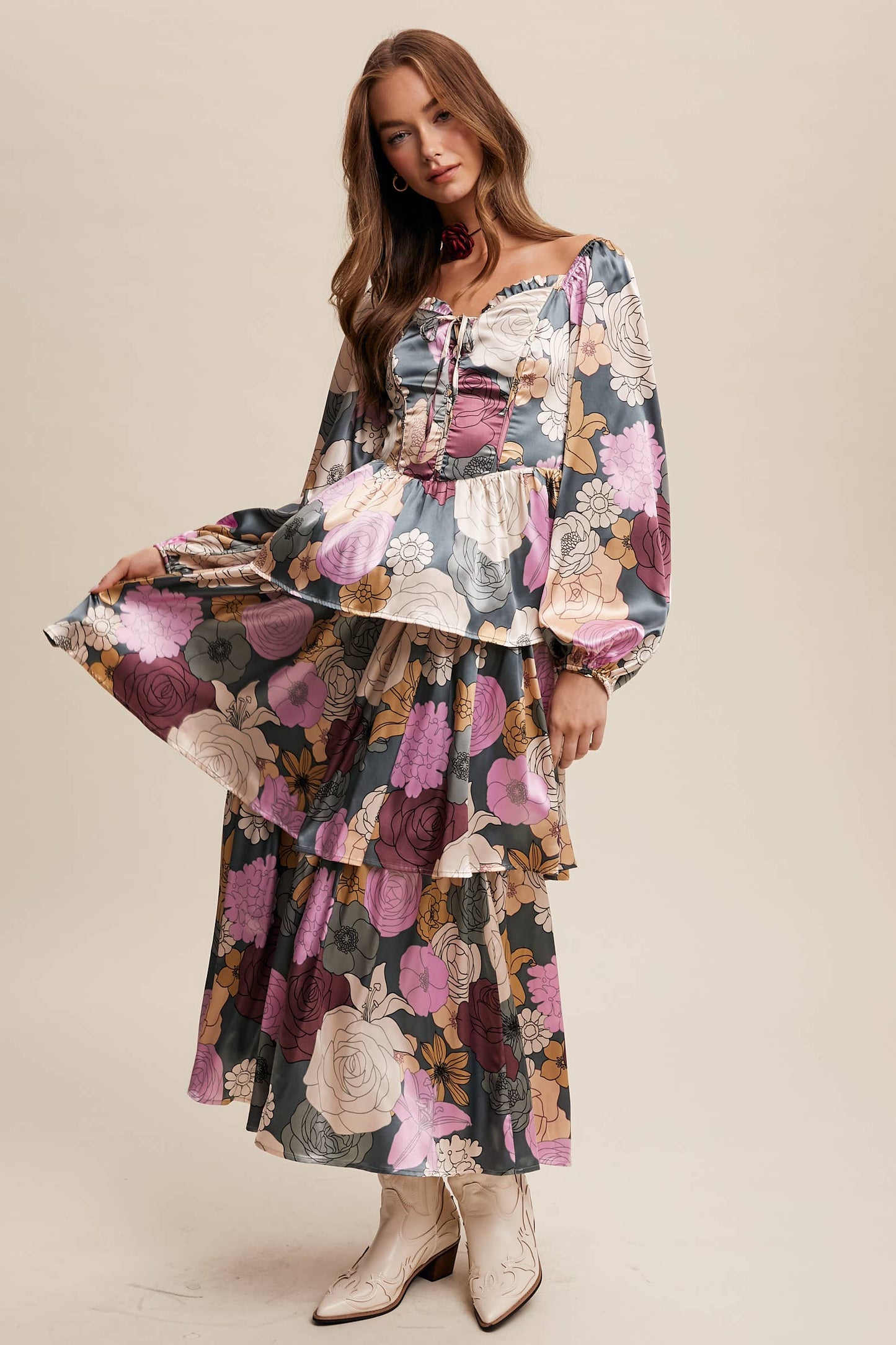 Jewel Floral Lace up tiered maxi Dress