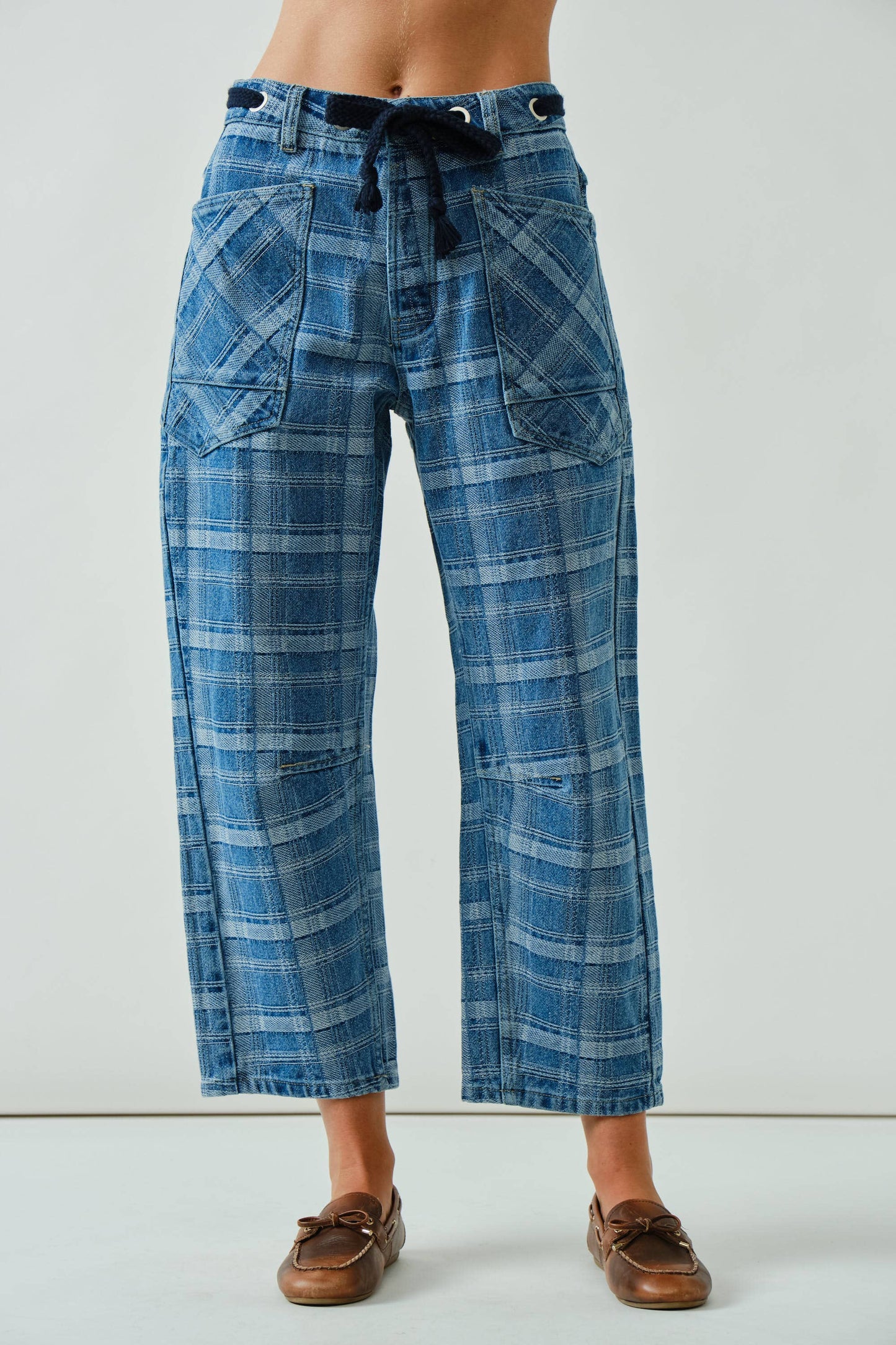 Ivy plaid semi barrel jeans with drawstring
