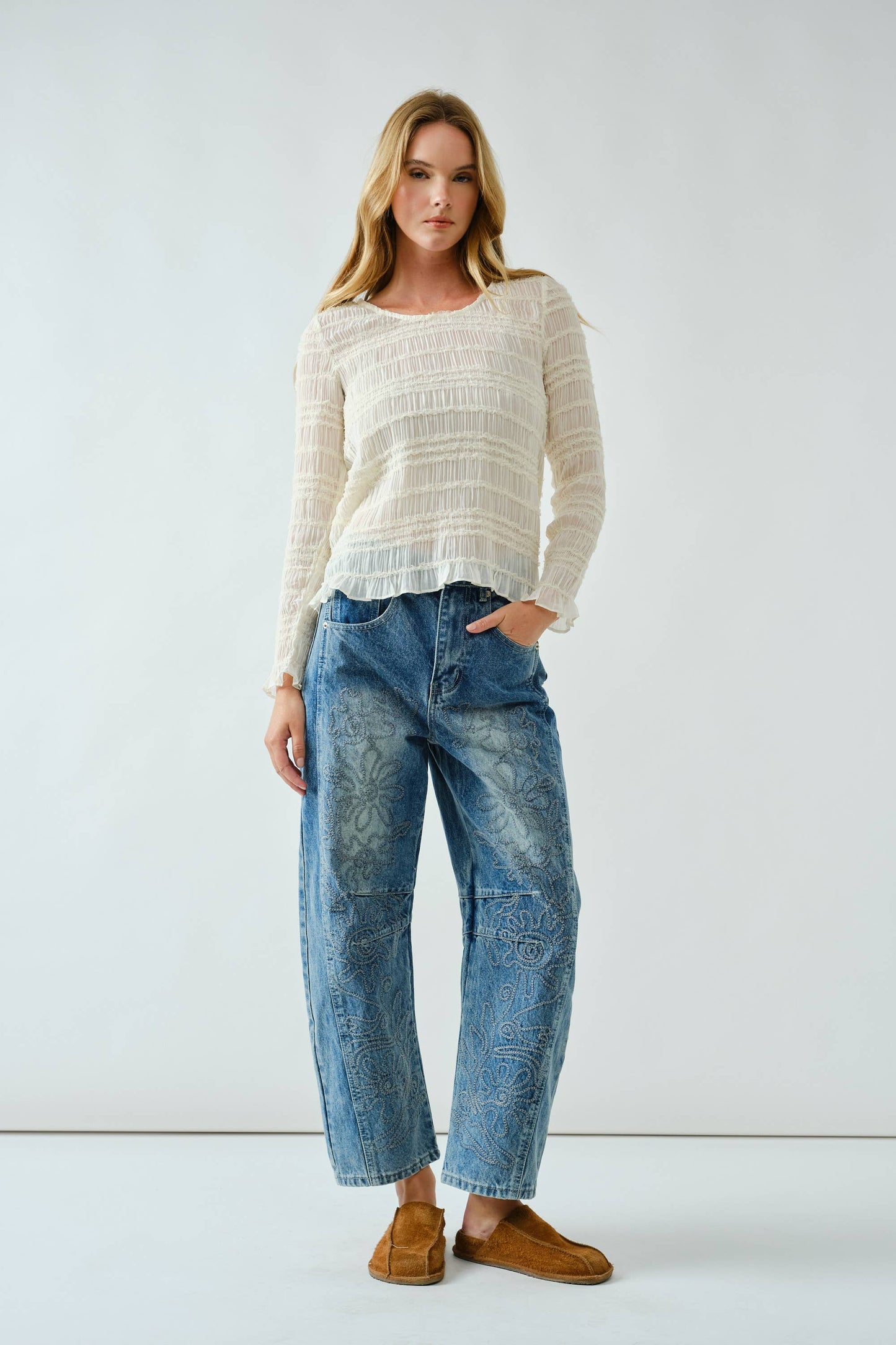 Lex embroidered cotton barrel pants