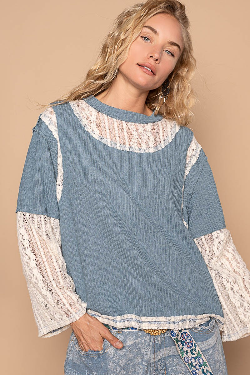 ONLINE EXCLUSIVE POL Lace Panel Round Neck Long Sleeve Top