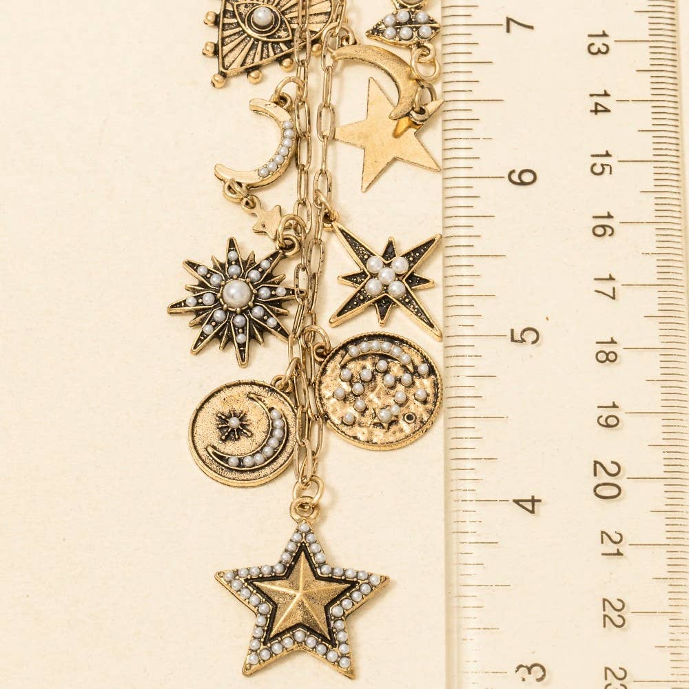 Studded Heart Moon Star And Coin Charms Statement Necklace