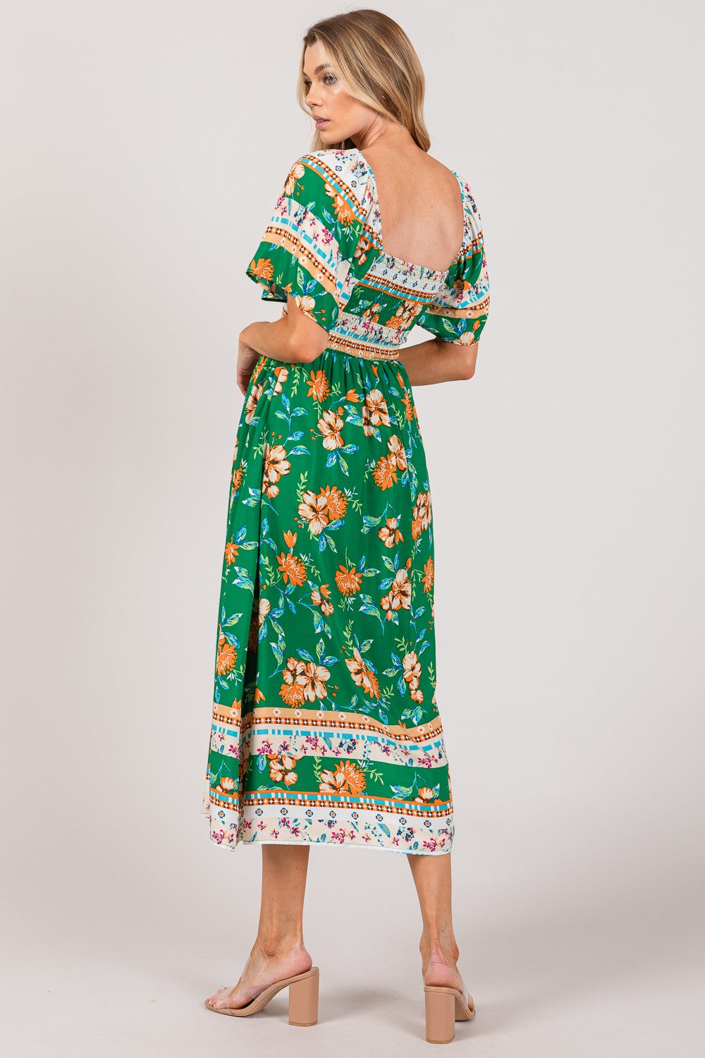 ONLINE EXCLUSIVE SAGE + FIG Printed Smocked Short Sleeve Midi Dress