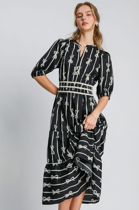 ONLINE EXCLUSIVE Bow Tie Print Notched Contrast Velvet Trim Midi Dress