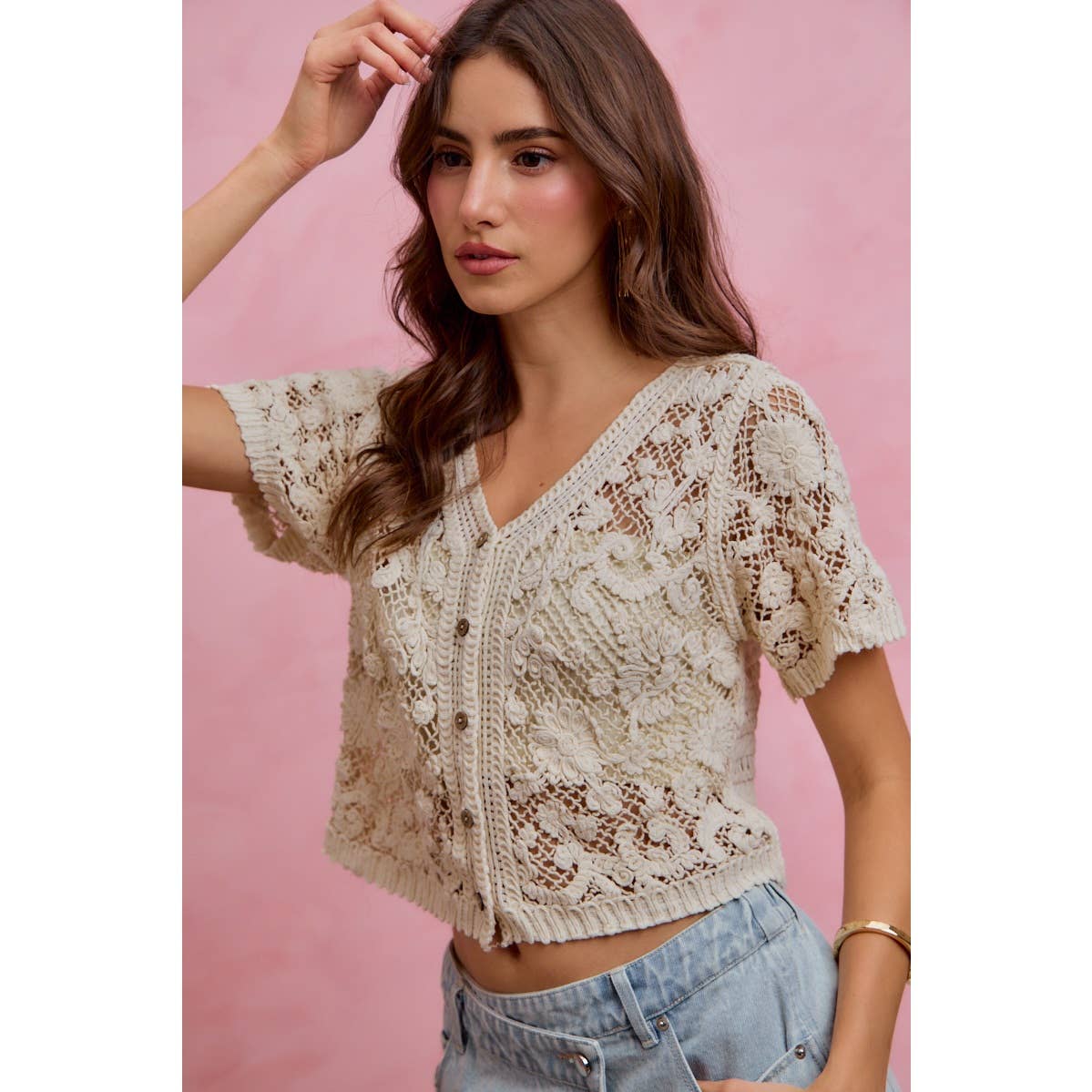 Devote Floral crochet lace button down top/cardigan