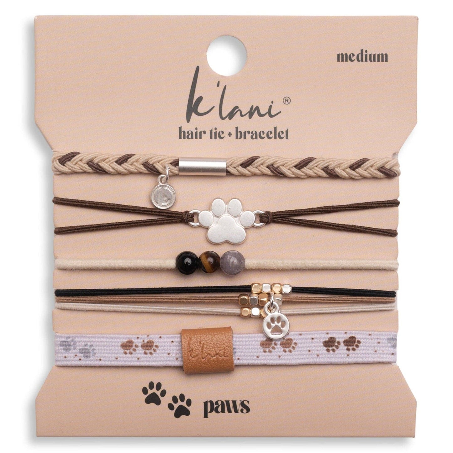 "Paws" Natural Hues with Silver and Paw Accents Hair Tie Bracelet