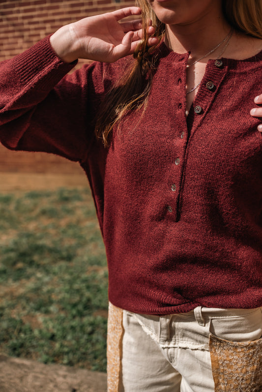Stay a while henley knit sweater