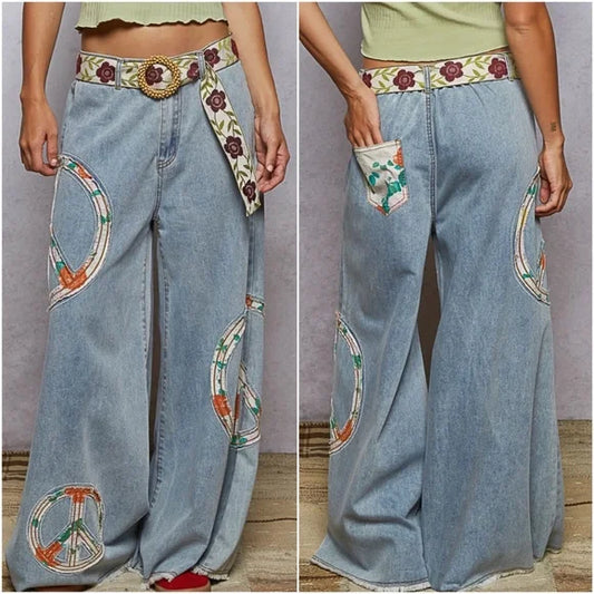 POL Peace Patchwork Light Wash Wide leg Denim Jean pants