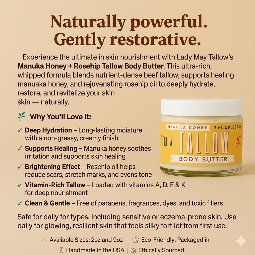 ONLINE EXCLUSIVE Manuka Honey + Rosehip Tallow Body Butter – Deeply Nourishing & Repairing Natural Skincare