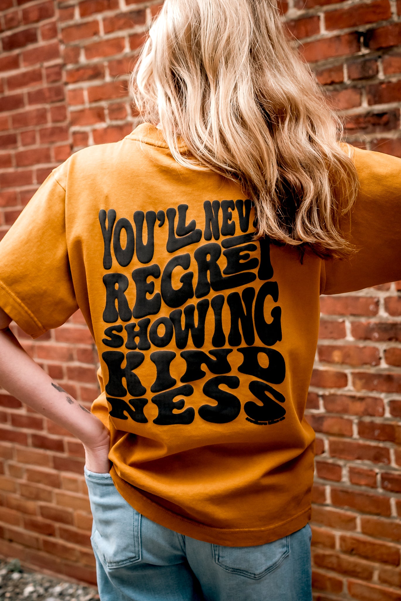 Oversized Peace sign & Never Regret Showing Kindness Mock Neck Tee