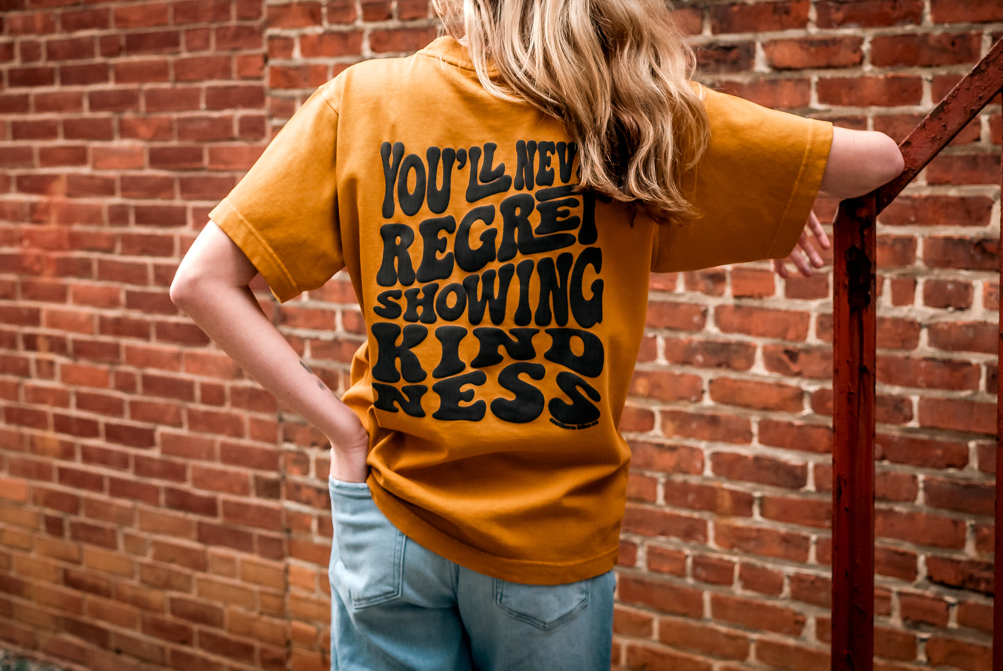 Oversized Peace sign & Never Regret Showing Kindness Mock Neck Tee