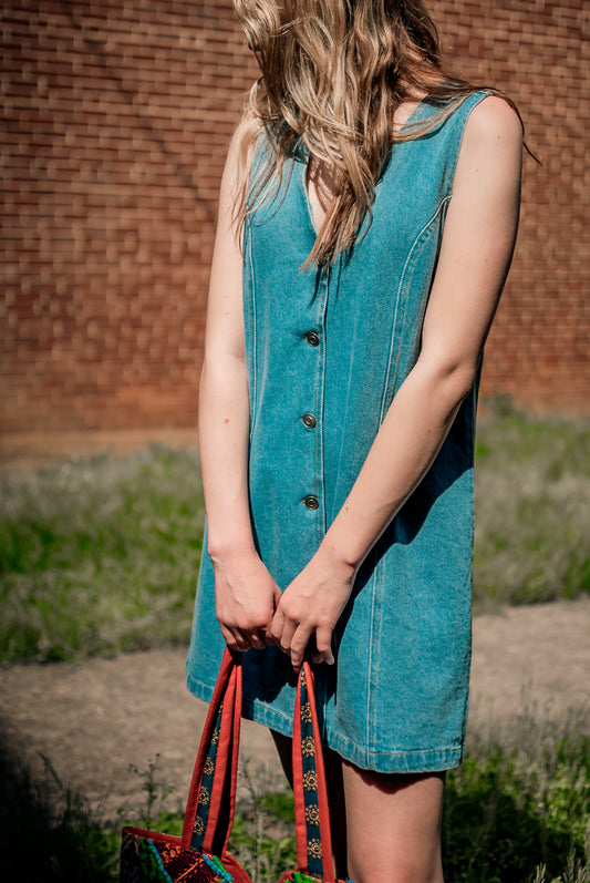 V-Neck Button-Front Denim Dress