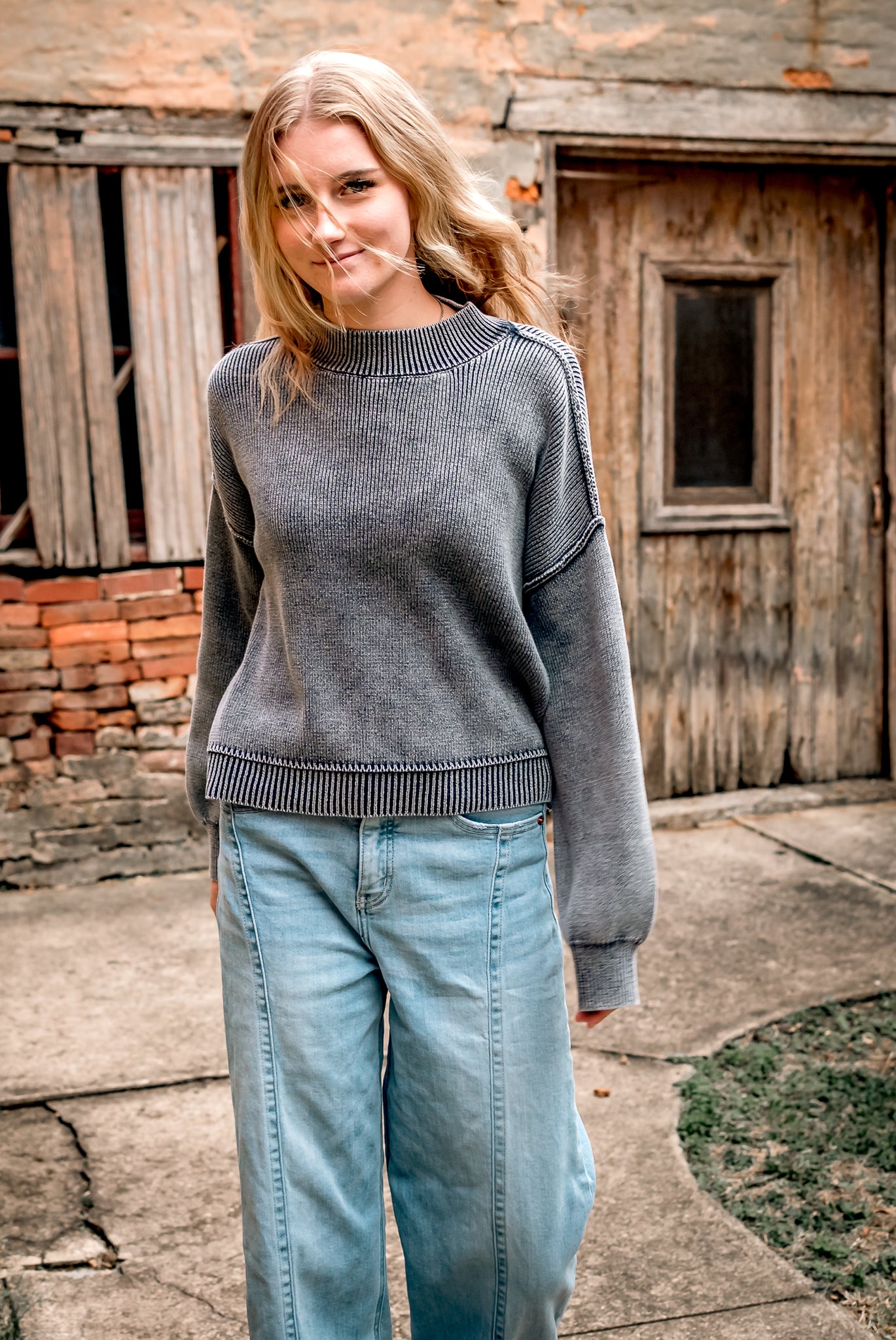 End Game mineral washed knit pullover sweater in navy
