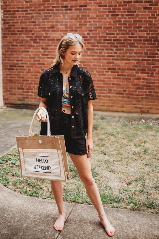 Hello Weekend Burlap Tote Bag