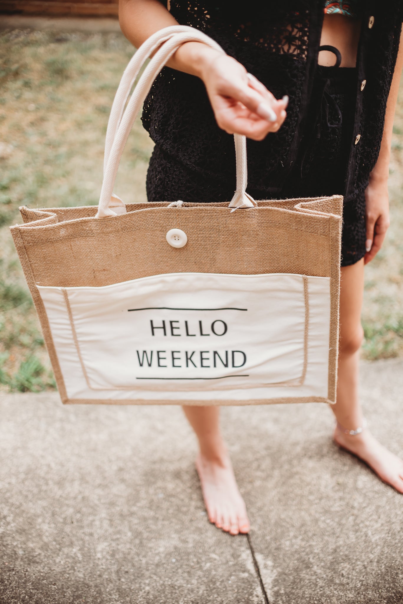 Hello Weekend Burlap Tote Bag