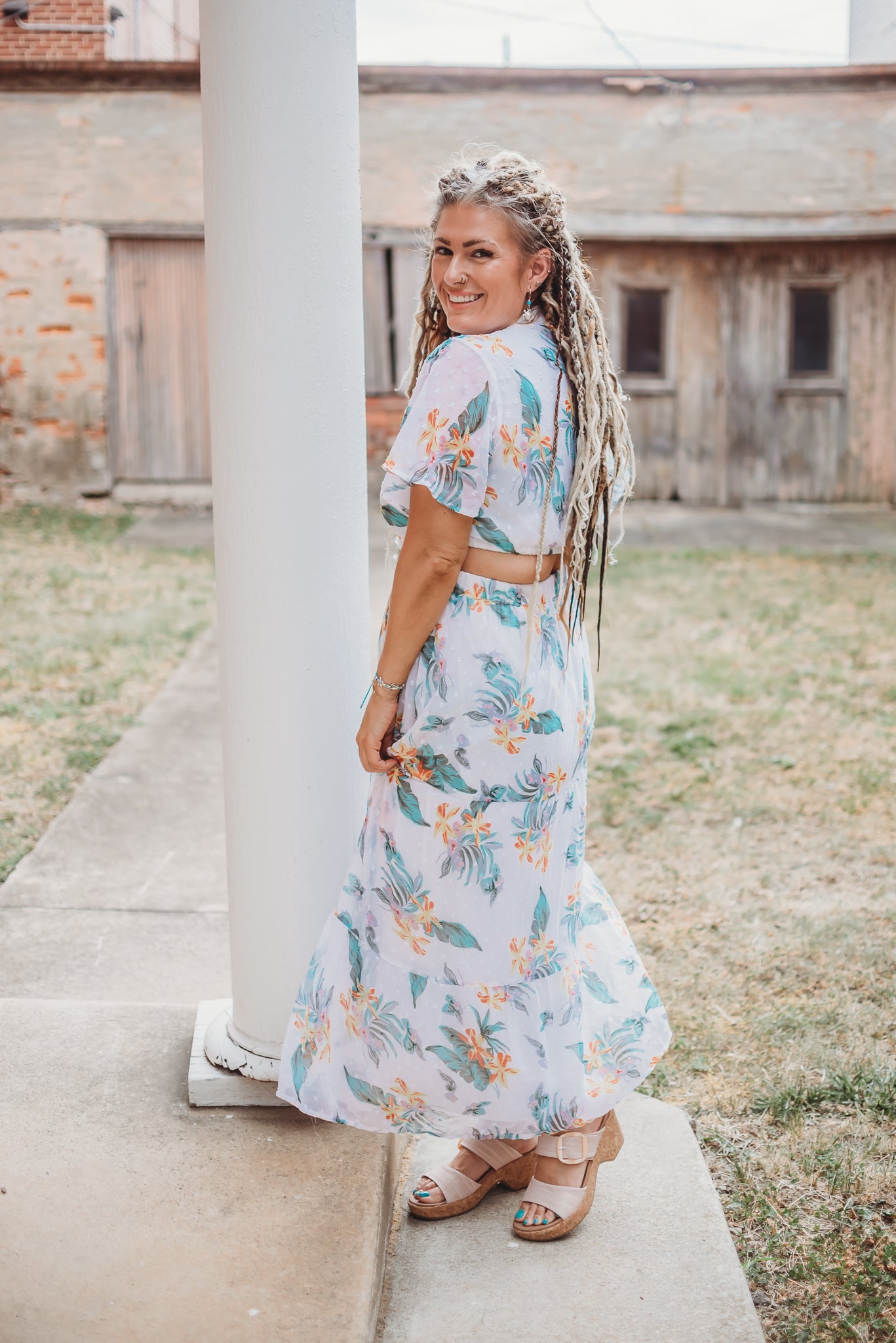 Juliette Tropical Maxi Dress with Waist Cut-Out