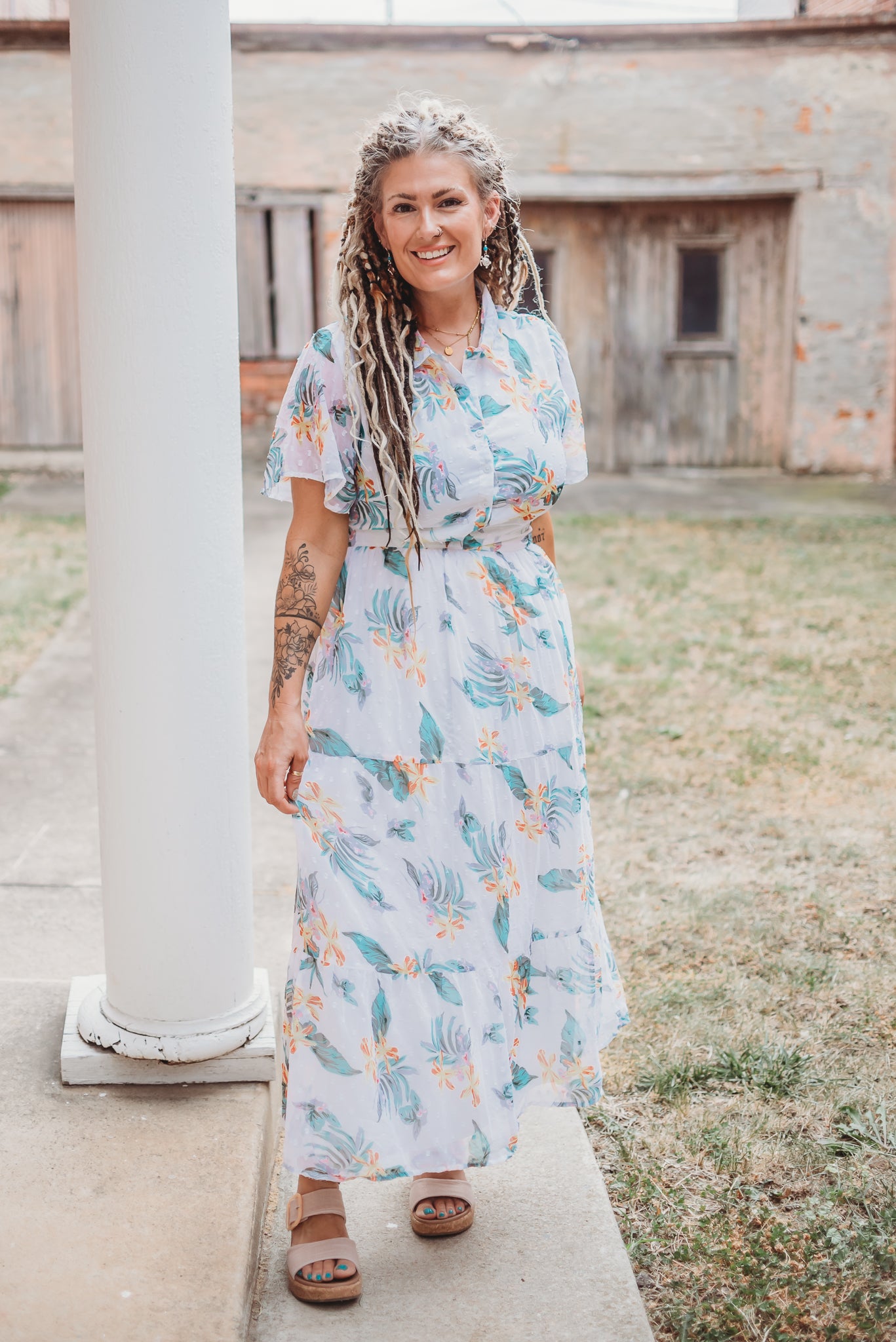 Juliette Tropical Maxi Dress with Waist Cut-Out