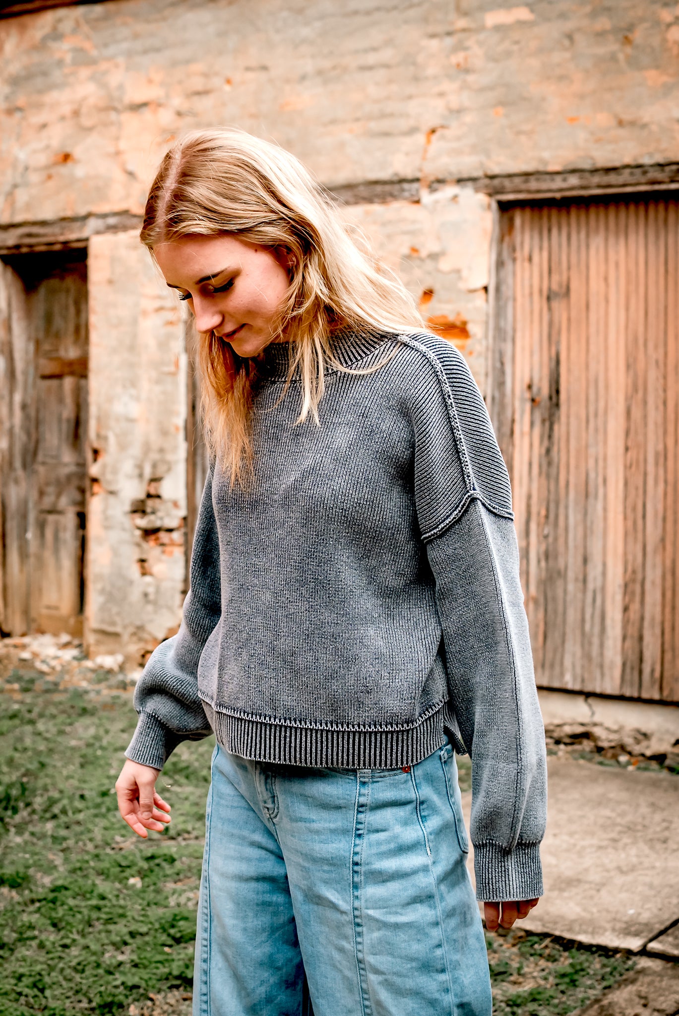 End Game mineral washed knit pullover sweater in navy