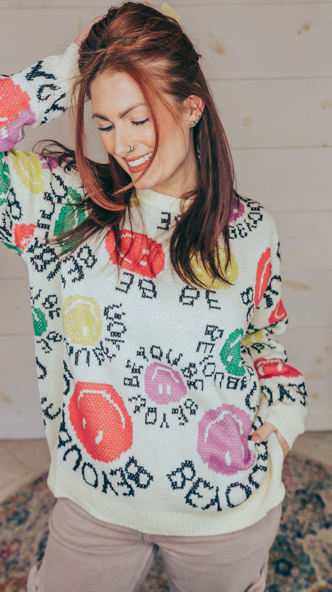 Be You Smiley Face Crew Neck Knit Sweater