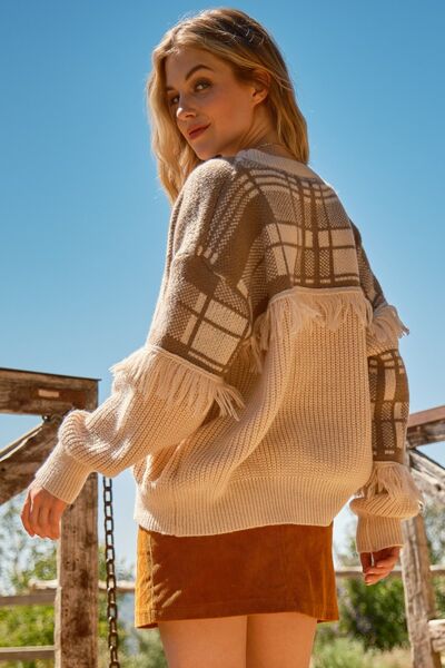ONLINE EXCLUSIVE And The Why Plaid Pattern Color Block Fringe Sweater
