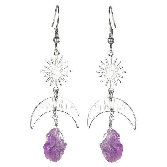 Sun And Moon Earring With Rough Stones And Silver Finish: Amethyst