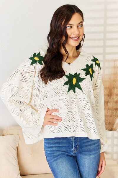 ONLINE EXCLUSIVE POL Floral Embroidered Pattern V-Neck Sweater