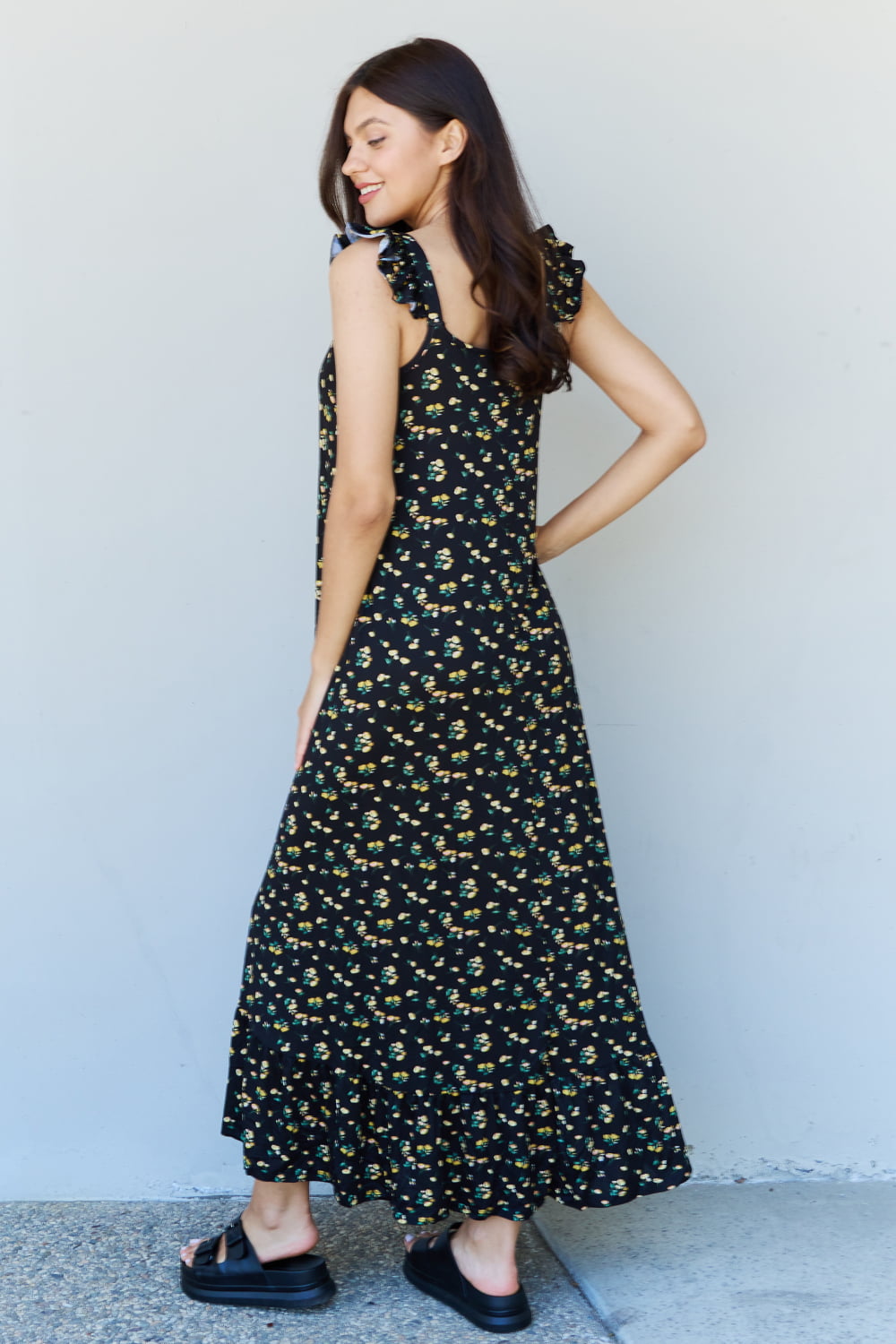 ONLINE EXCLUSIVE In The Garden Ruffle Floral Maxi Dress in  Black Yellow Floral