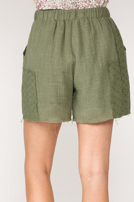Raw Edge and Patchwork Detail Elastic Waist Shorts