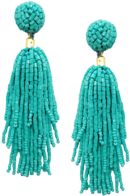 Pom Pom turquoise beaded fringe earrings