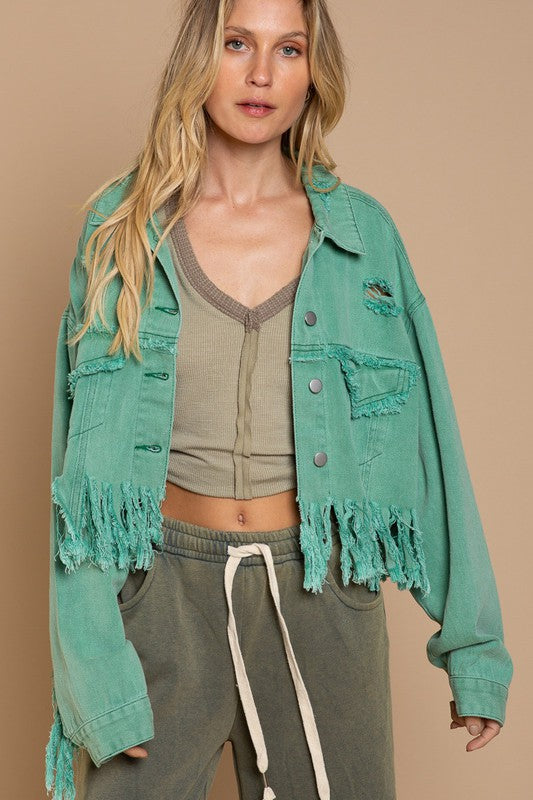 ONLINE EXCLUSIVE Fringe Distressed Crop Denim Jacket