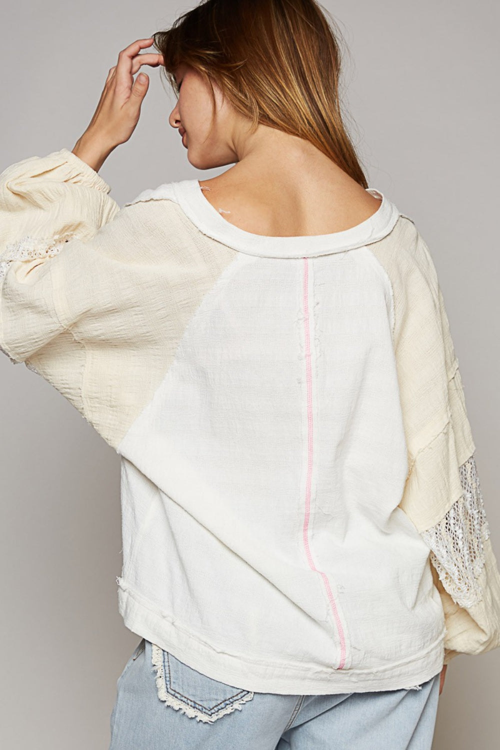 ONLINE EXCLUSIVE POL Balloon Sleeve Crochet Patch Top