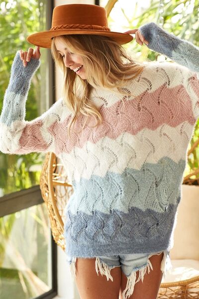ONLINE EXCLUSIVE BiBi Color Block Openwork Long Sleeve Sweater