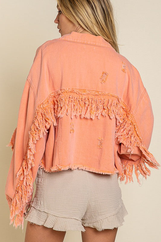 ONLINE EXCLUSIVE Fringe Distressed Crop Denim Jacket