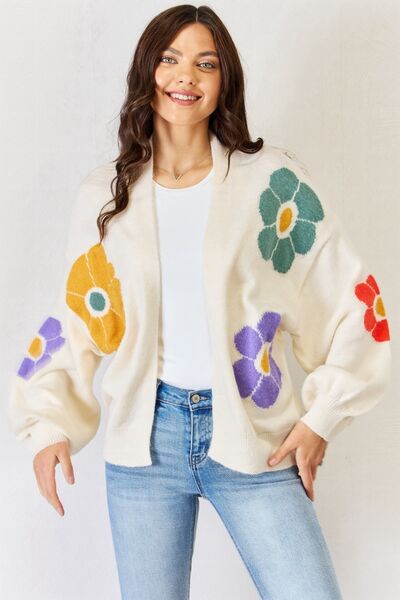 ONLINE EXCLUSIVE J.NNA Open Front Flower Pattern Long Sleeve Sweater Cardigan