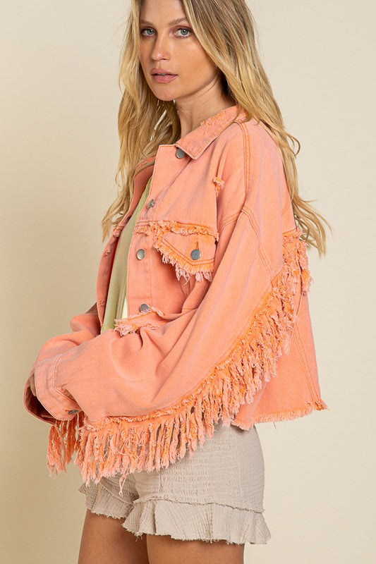 ONLINE EXCLUSIVE Fringe Distressed Crop Denim Jacket